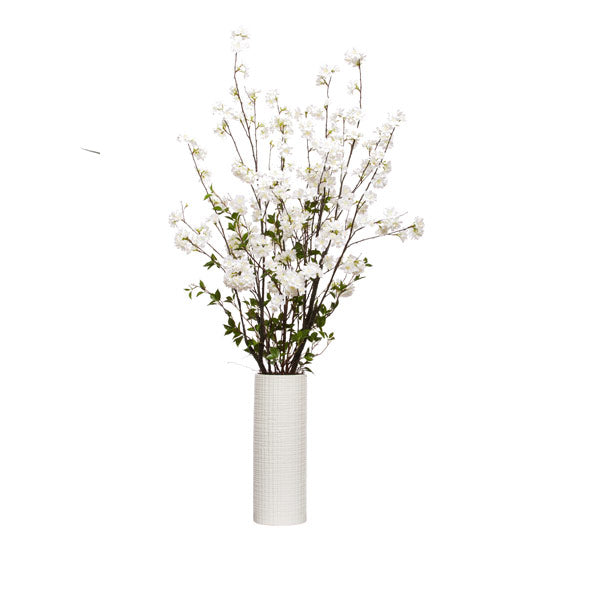 White Blossom Branches in White Cylinder | Botanicals | Trovati Studio