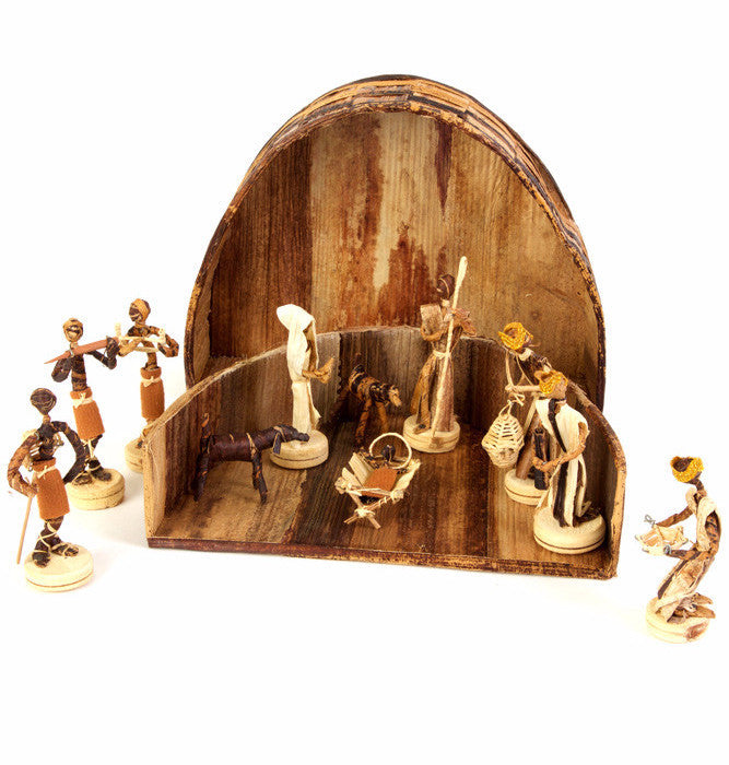 Swahili Banana Fiber Nativity Scene in Rounded Box  - 1
