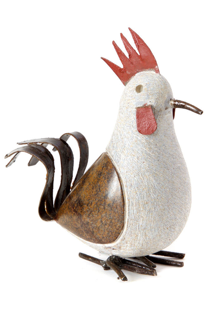 Swahili Recycled Metal and Springstone Rooster Sculpture - Trovati