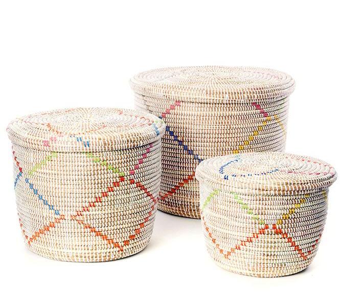 Swahili African Modern Rainbow Garland Lidded White Storage Baskets S/3