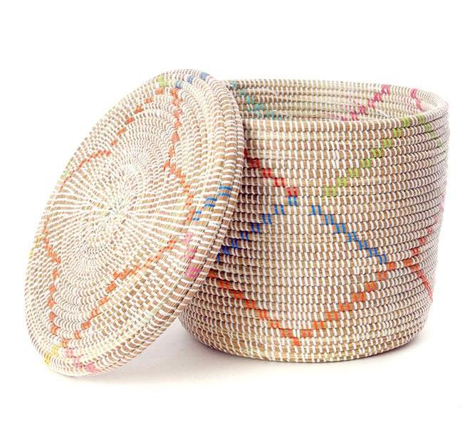 Swahili African Modern Rainbow Garland Lidded White Storage Baskets S/3