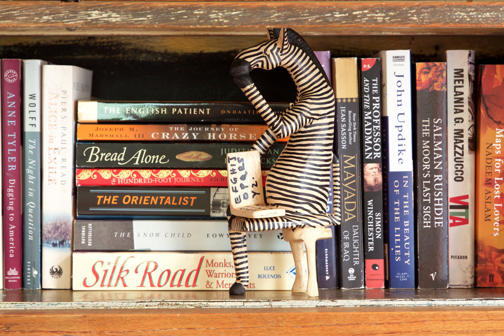 Swahili African Modern Sitting Zebra Reader Sculpture